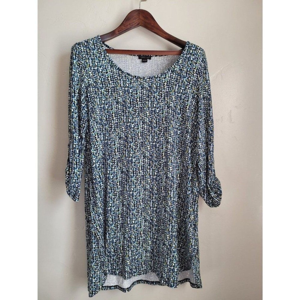 J. Jill Wearever Tunic Women Small Blue Geometric Roll Tab 3/4 Sleeve Scoop Neck